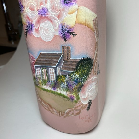 Hand Painted Milk Bottle Vase Pink Wood Cabin Farmhouse Decor Floral - Picture 3 of 9